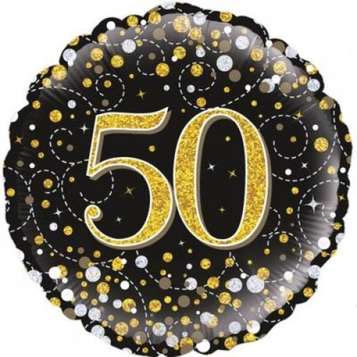 50th Birthday Balloon - Black & Gold Sparkling