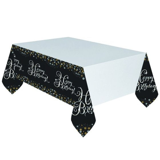 Happy Birthday Plastic Table Cover | Black Gold & Silver