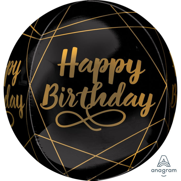 Happy Birthday Orb Balloon - Black & Gold