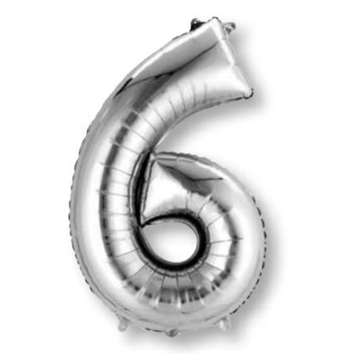 Large Number 6 Balloon - Silver 86cm