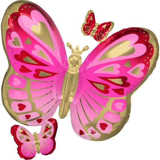 Pink, Red & Gold Butterfly Large Balloon - Helium Filled or Flat