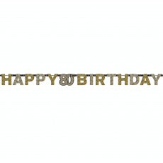 80th Happy Birthday Letter Banner | Black Gold Silver