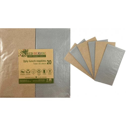 Lunch Napkins | 1/8 Fold | Metallic Silver & Kraft 20pk