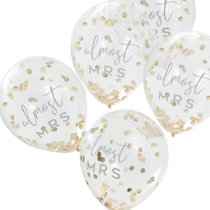 "Almost Mrs" Gold Filled Confetti Balloons 5pk