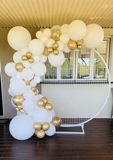 White Pops of Gold Confetti & Chrome Balloon Garland + Frame