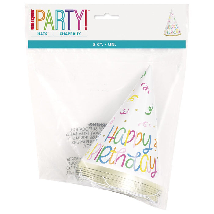 Happy Birthday Gold Stamped Party Hats -8pk