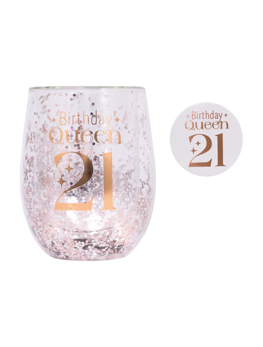 21st Glitter Stemless Glass & Badge Set