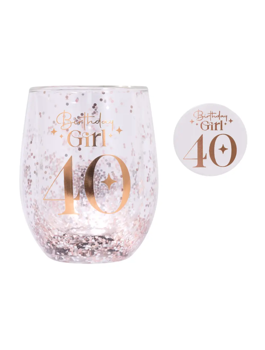 40th Glitter Stemless Glass & Badge Set