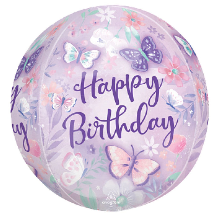 Happy Birthday Orb Balloon - Pastel Butterflys