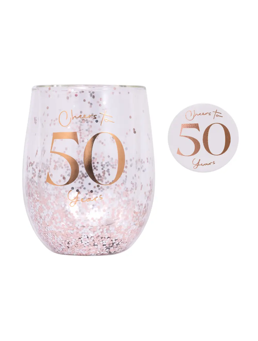 50th Glitter Stemless Glass & Badge Set