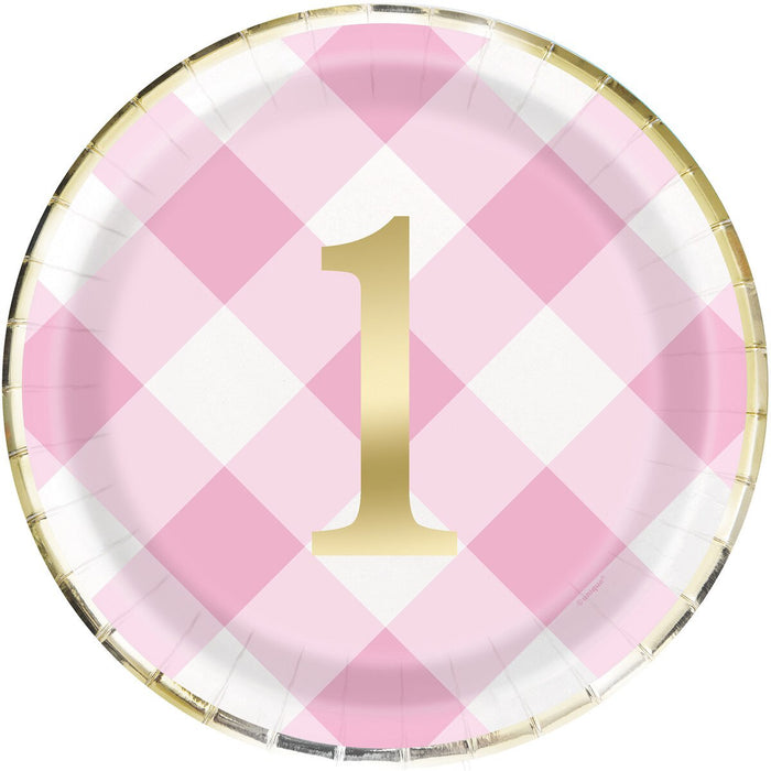 1st Birthday Paper Plates | Pink Gingham 8pk