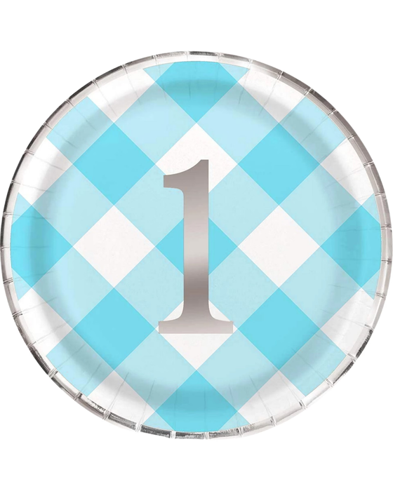 1st Birthday Paper Plates | Blue Gingham 8pk