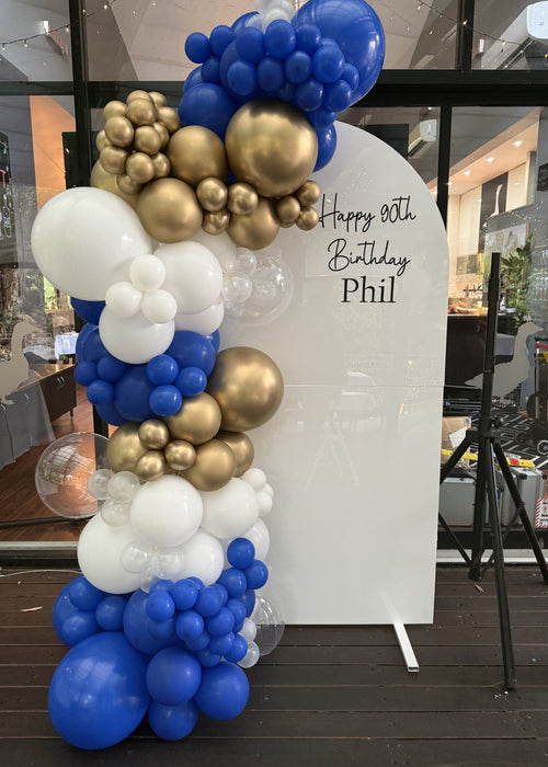 Acrylic Arched Frame Backdrop with Balloon Garland & Custom Vinyl - Choose Your Colours