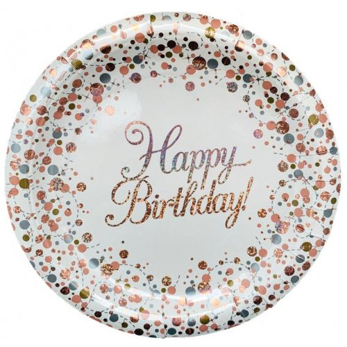 Rose Gold & white Happy Birthday Paper Plate PK8