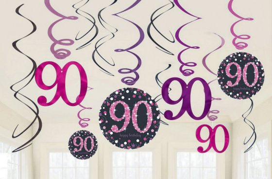 90th Hanging Decorations Pk12 - Pink