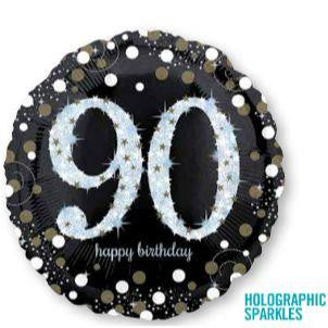 90th Birthday Balloon - Silver & Black Foil Balloon