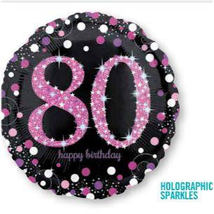 80th Birthday Balloon - Pink & Black Sparkling