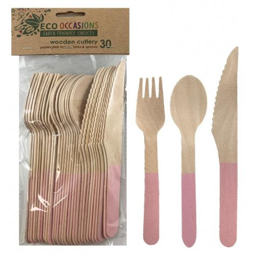 Wooden Cutlery Set Pink 30pcs