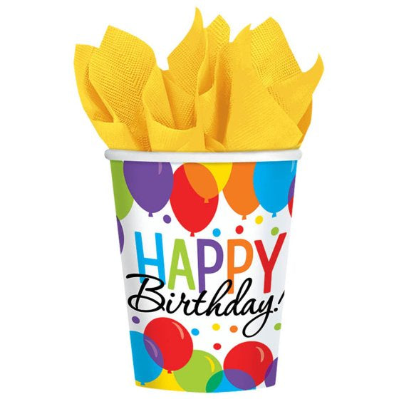 Happy Birthday Paper Cups- Bright 8pk
