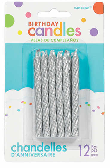 Silver Glittered Candles Large Spiral Pk12