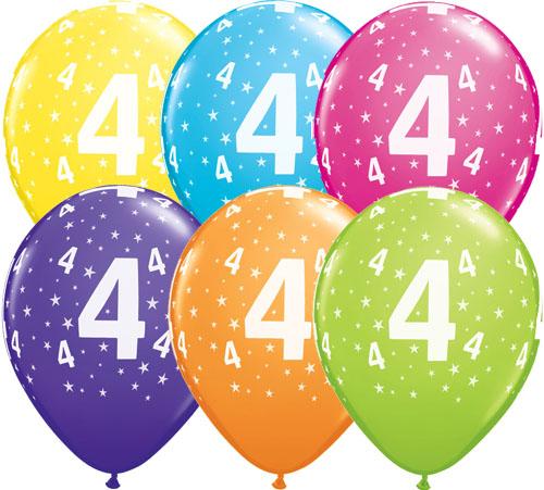 4th Birthday Balloons Assorted - Single or Pack - Helium Filled - Flat
