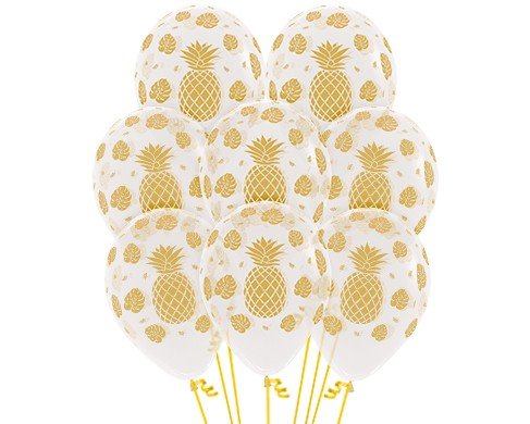 Pineapple Print Balloons Gold on Clear - Singles or Packs - Helium Filled or Flat