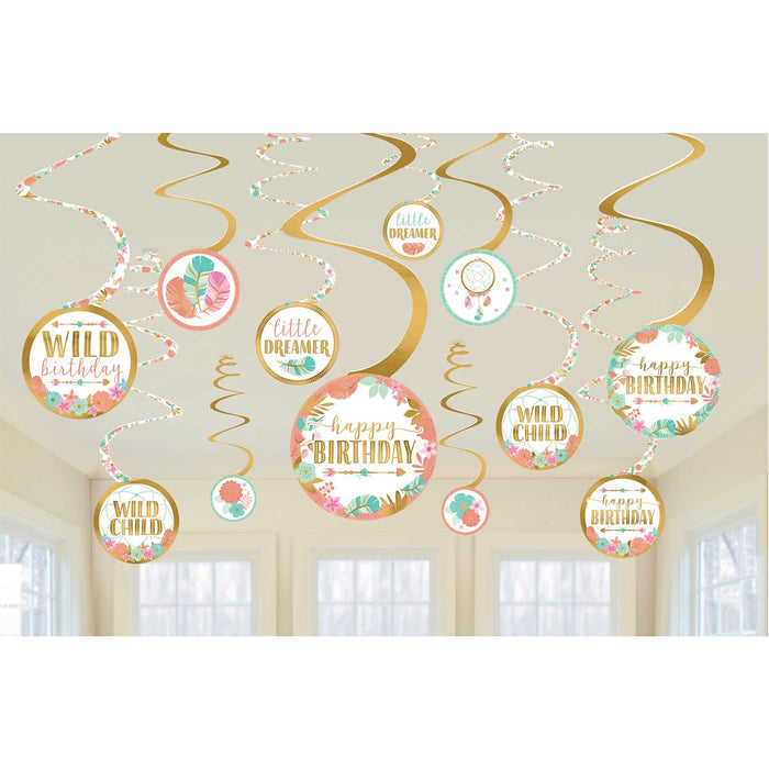 Boho Birthday Girl Swirl Decorations 12pk