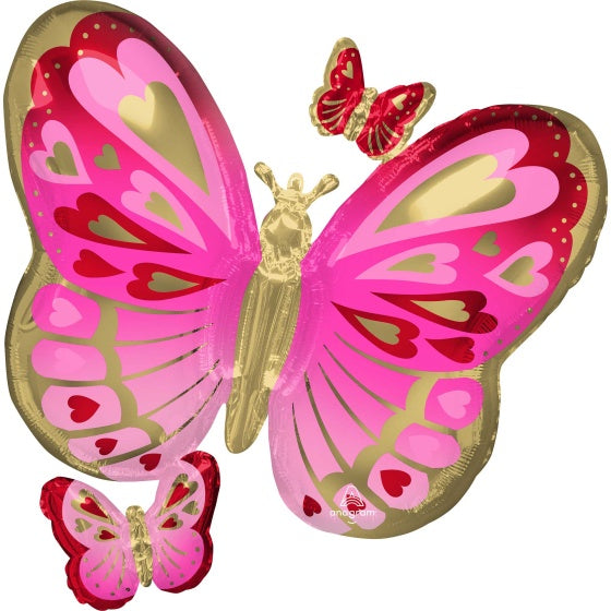 Butterfly Foil Balloon - Pink, Red & Gold