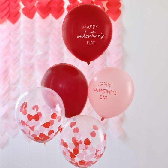 Pink, Red & Confetti Valentines Day Latex Balloons 5pk