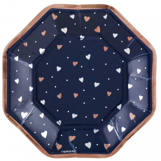 Navy & Rose Gold Plates With Heart Print Small Pk8