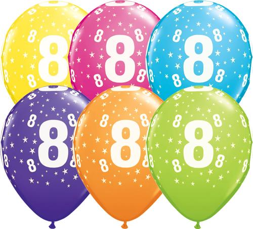 8th Birthday Balloons Assorted - Single or Pack - Helium Filled - Flat