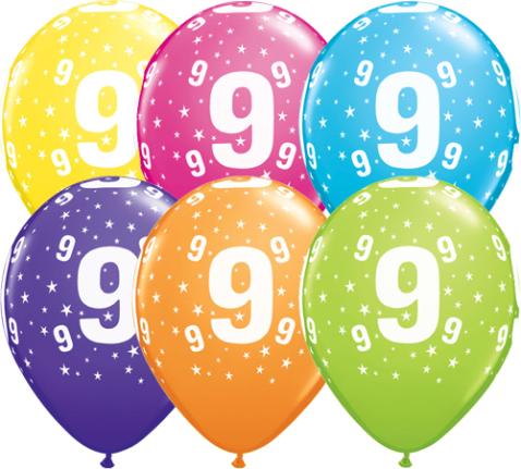 9th Birthday Balloons Assorted - Single or Pack - Helium Filled - Flat