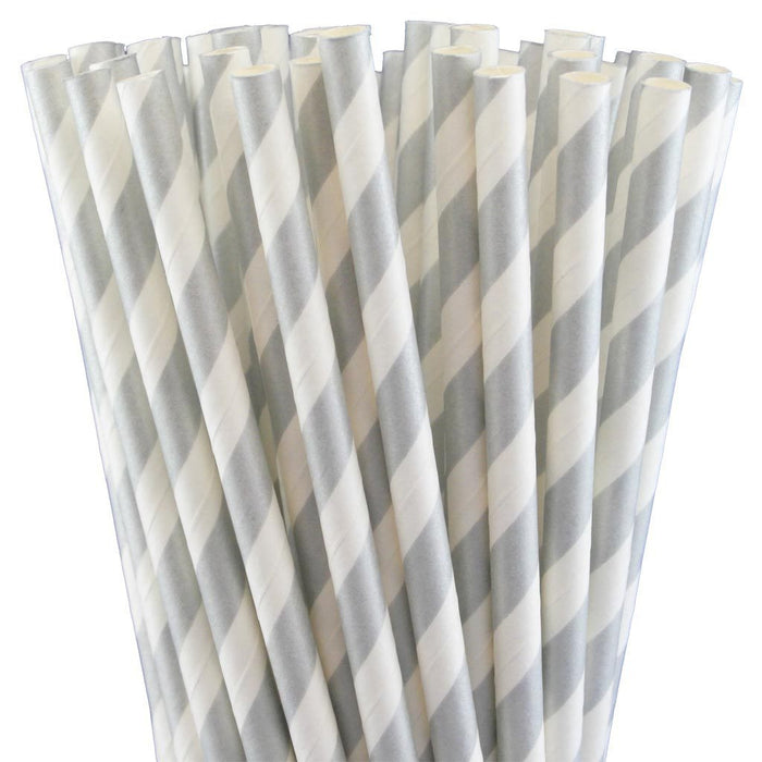 Straws Silver & White Striped Pk10