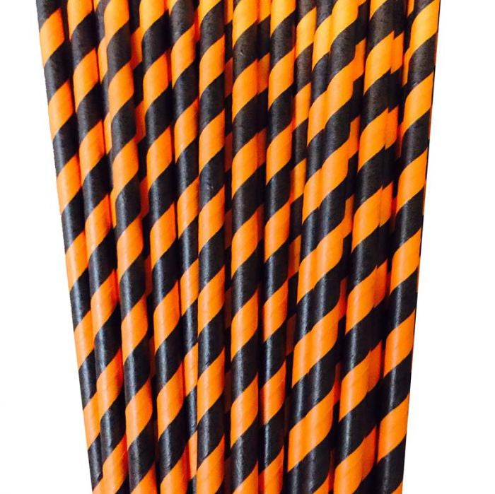 Orange & Black Paper Straws Striped Pk20