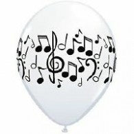 Music Note Balloons White w/ Black Print- Singles or Packs - Helium Filled or Flat