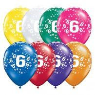 Number 6 Latex Balloon with Stars Assorted 28cm
