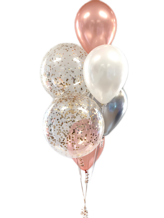 Rose Gold confetti Balloons with Silver & White
